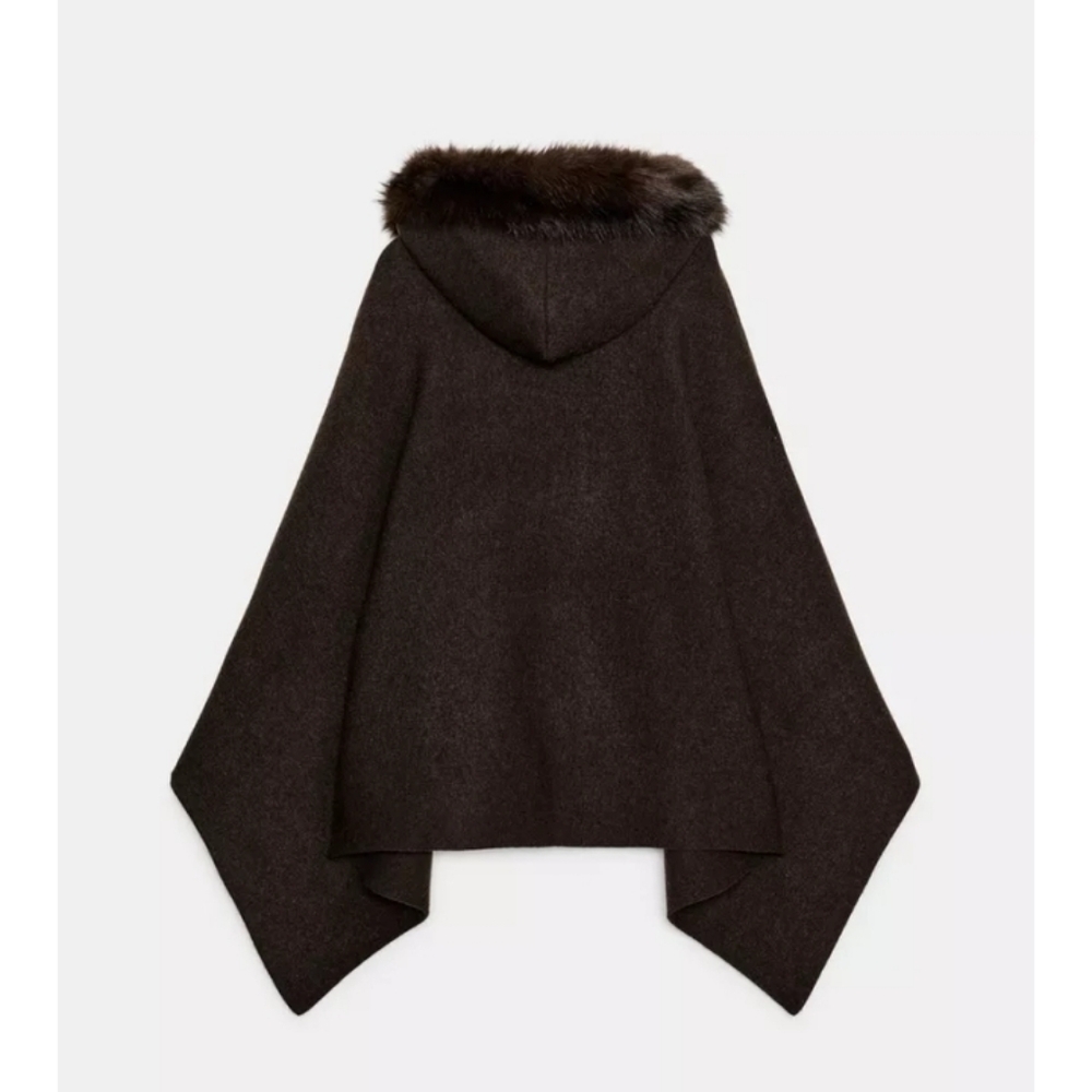 Zara Brown Knit Wool Blend Hooded Poncho Cape with Faux Fur Trim - Picture 2 of 10